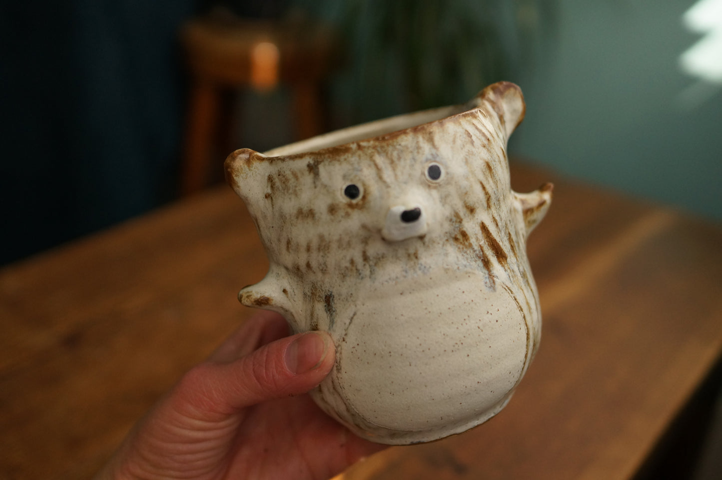 Brownish White Textured Bear Cup