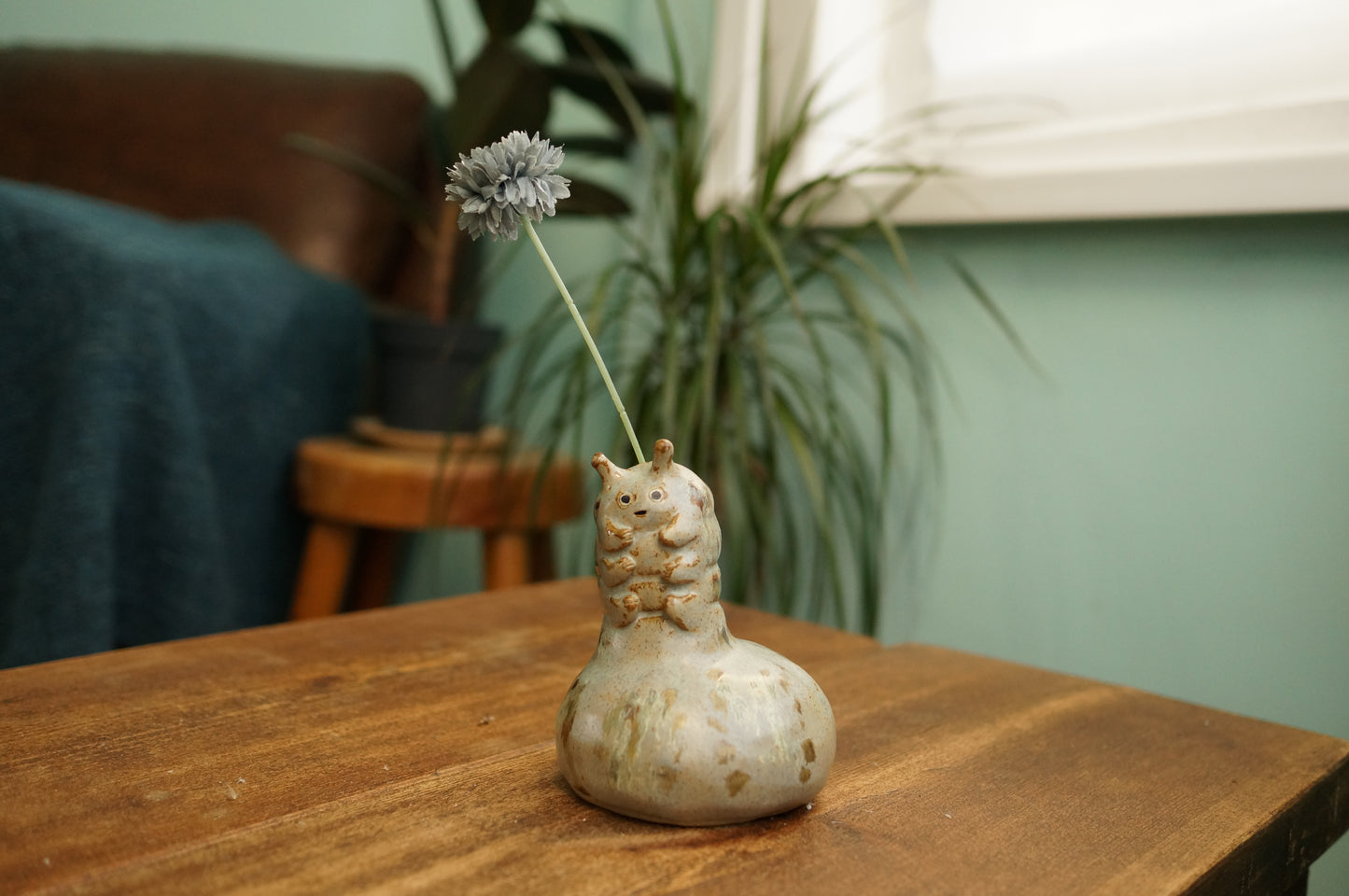Handbuilt Grey Green Caterpillar Vase