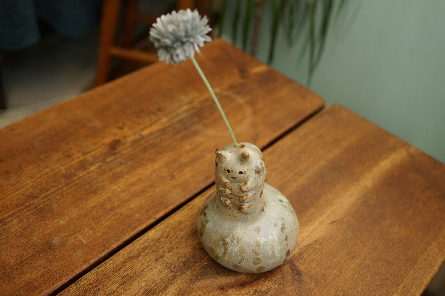 Handbuilt Grey Green Caterpillar Vase