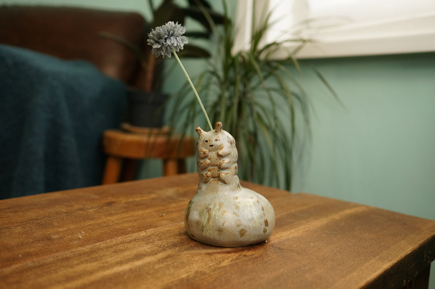 Handbuilt Grey Green Caterpillar Vase