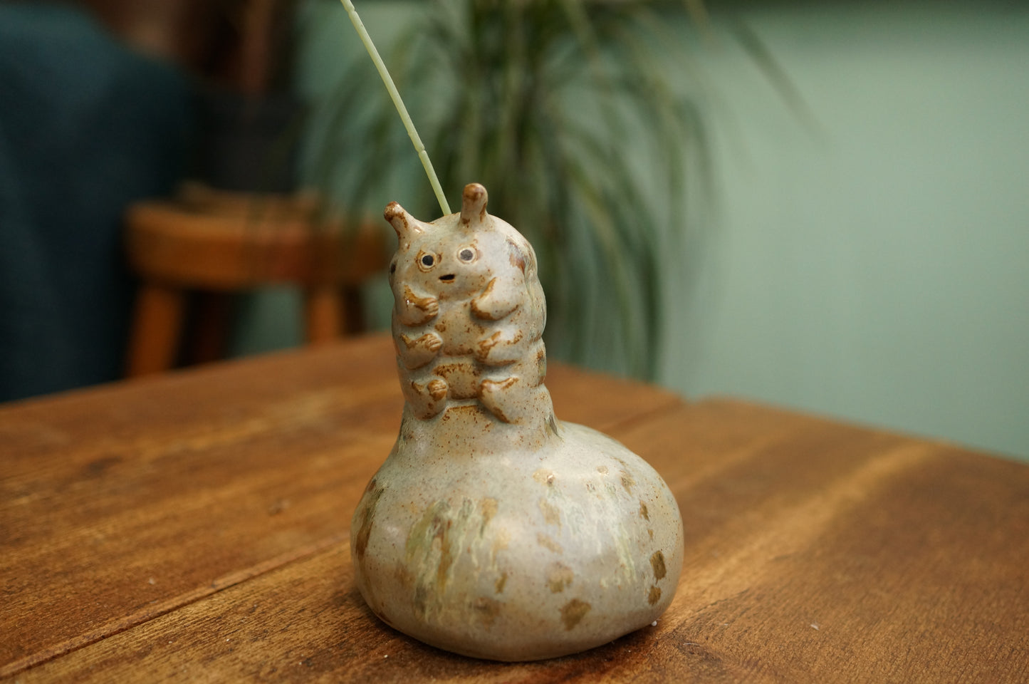 Handbuilt Grey Green Caterpillar Vase