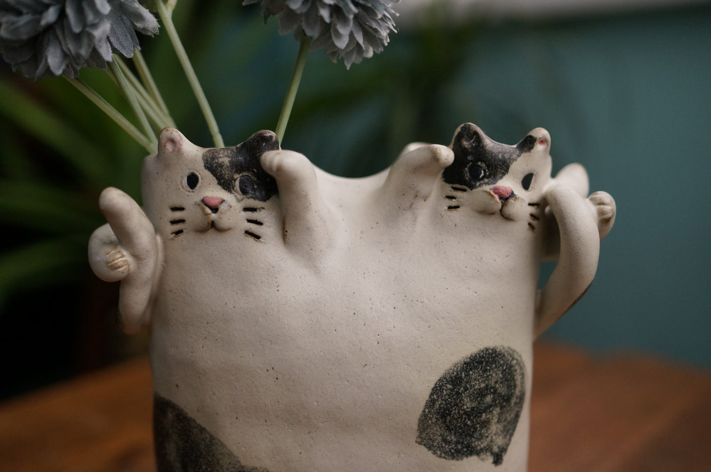 Two Black and White Cat Vase