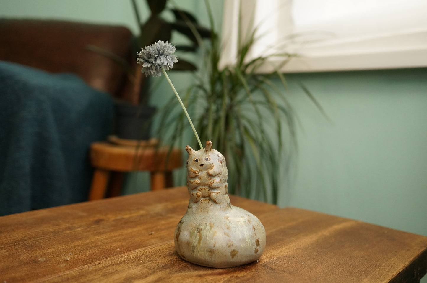 Handbuilt Grey Green Caterpillar Vase