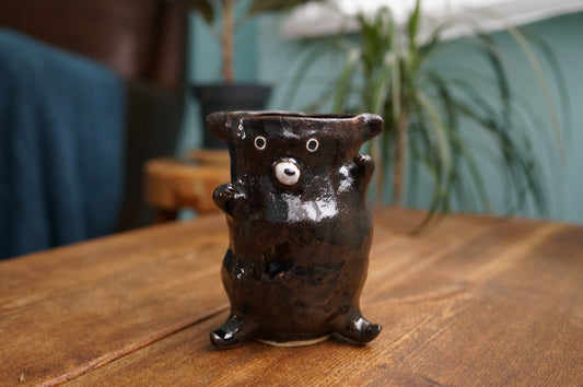 Handbuilt Dark Shinny Brown Bear Cup